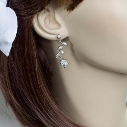 Bridal Earrings, Cubic Zirconia Flower And Branch..
