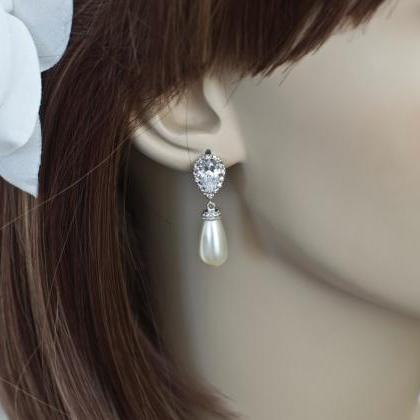 Bridal Earrings, Cubic Zirconia Bridal Pearl..