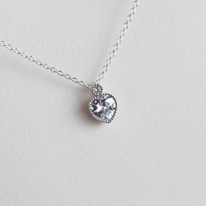 Heart Necklace, Cubic Zirconia Tiny Heart..