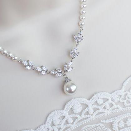 Bridal Necklace, Cubic Zirconia Pearl Bridal..