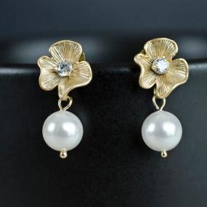 Bridal Earrings, Gold Cz Flower Earrings With..