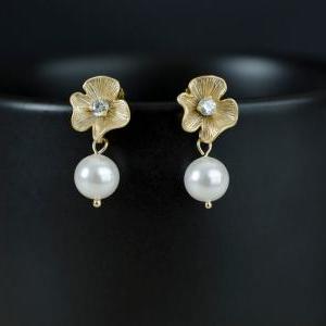 Bridal Earrings, Gold Cz Flower Earrings With..