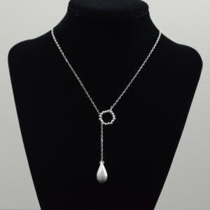 Silver Teardrop Lariat Style Necklace - Brushed..