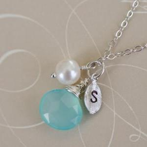 Initial Necklace, Silver Leaf Initial, Aqua Blue..
