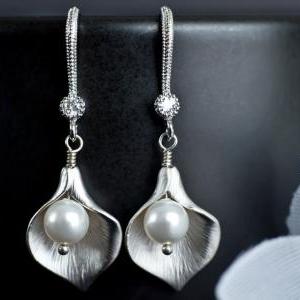 Calla Lily Flower And Swarovski Pearl Sterling..