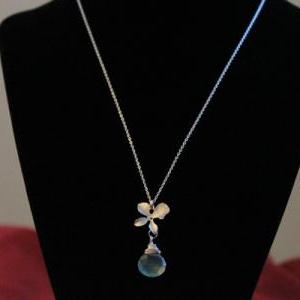 Aqua Blue Chalcedony Necklace, Rhodium Plated..