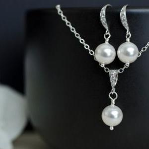Bridal Pearl Earrings And Necklace In Sterling..