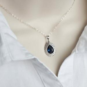 Blue Sapphire Necklace, Matte Rhodium Plated..