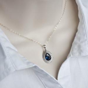 Blue Sapphire Necklace, Matte Rhodium Plated..