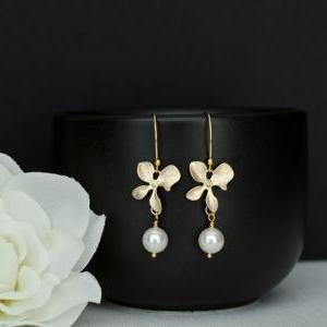 Gold Orchid And White Swarovski Pearl Earrings