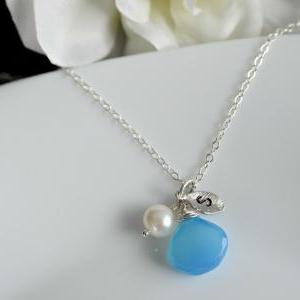 Initial Necklace, Blue Cobalt Chalcedony,..