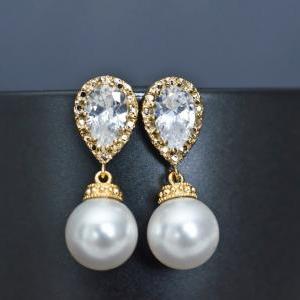 Bridal Earrings, Gold Plated Bridal Pearl..