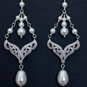 Chandelier Bridal Wedding Earrings, Pearl Drop..