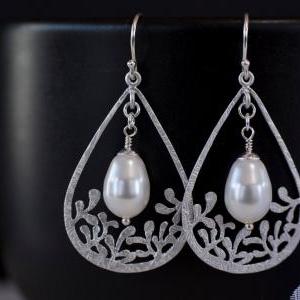 Pearl Earrings, Drop Filigree Pendant And Pear..