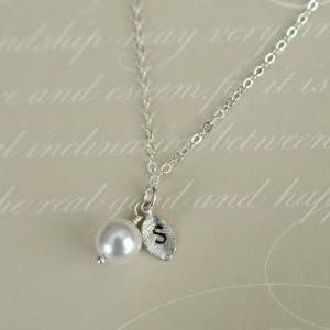 Initial Necklace Swarovski Pearl And Leaf Charm,..