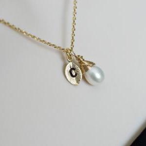 Initial Pearl Necklace, Wire Wrapped Freshwater..