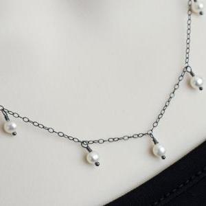 Pearl Necklace, Oxidized Sterling Silver Adn..