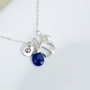 Initial Necklace, Anchor Necklace, Lapis Lazuli..