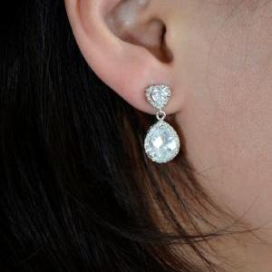 Bridal Earrings Cubic Zirconia Heart Shape Ear..