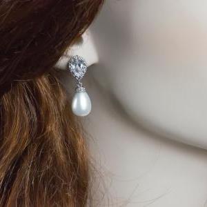 Bridal Earrings, Cubic Zirconia Bridal Pearl..