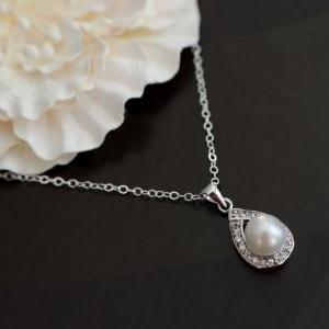 Bridal Necklace, Akoya Pearl And Cubic Zirconia..