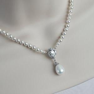 Bridal Necklace, Bridal Pearl And Cubic Zirconia..