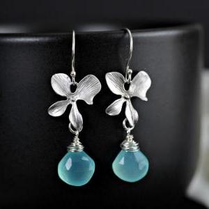 Aqua Blue Chalcedony Silver Orchid Earrings