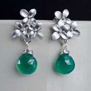 Emerald Green Quartz Earrings, Silver Cherry..