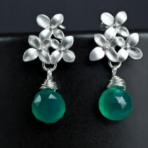 Emerald Green Quartz Earrings, Silver Cherry..
