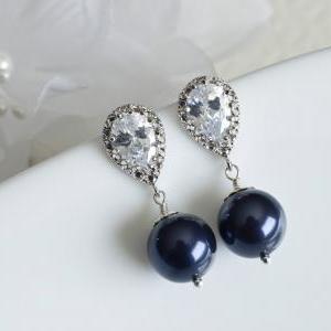 Bridesmaids Navy Blue Swarovski Pearl Earrings,..
