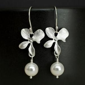 Silver Orchid And White Swarovski Pearl Earrings