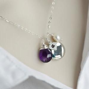 Initial Locket Necklace, Amethyst And Silver..
