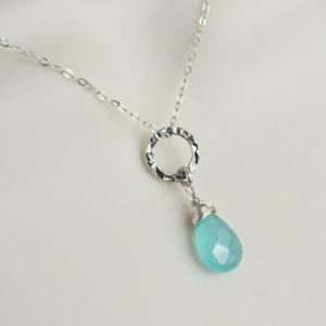 Aqua Blue Quartz Necklace, Sterling Silver..