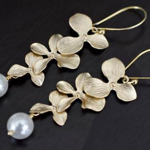 Bridal Pearl Earrings, Triple Orchid And Swarovski..