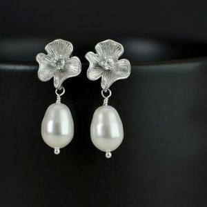 Bridal Earrings, Silver Cz Flower Earrings With..
