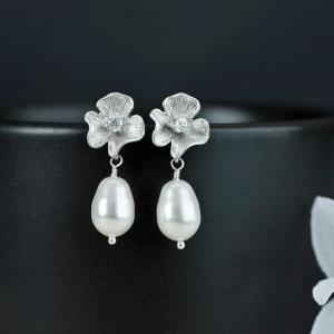 Bridal Earrings, Silver Cz Flower Earrings With..