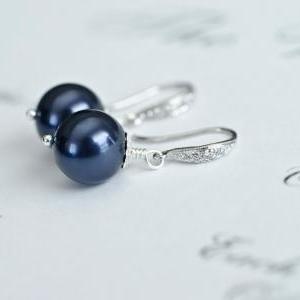 Bridesmaids Navy Blue Swarovski Pearl Earrings In..