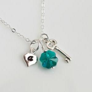 Sterling Silver Initial Necklace, Four Leaf Clover..