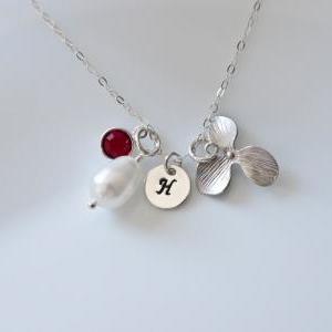 Birthstone Initial Necklace - Bridesmaid Necklace..