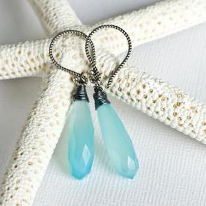 Aqua Blue Chalcedony Earrings, Gemstone Wire..