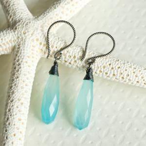 Aqua Blue Chalcedony Earrings, Gemstone Wire..