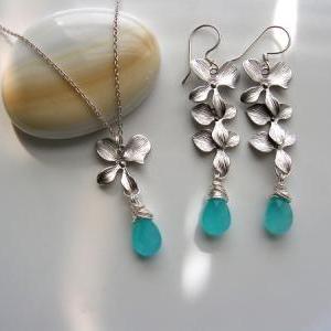 Matte Rhodium Plated Orchid And Blue Turquoise..