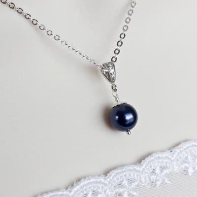 Navy Blue Swarovski Necklace, Bridesmaids Navy Blue Swarovski Pearl Necklace in Sterling Silver, Navy Blue Necklace