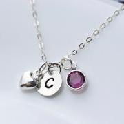 Birthstone Initial Necklace - Swarovski Birthstone, Sterling Silver Tiny Heart Charm and Round Initial Disc