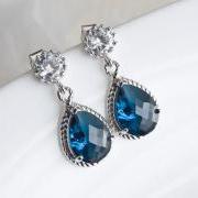 Blue Sapphire Bridesmaids Earrings, Blue Sapphire Teardrop Glass and Round Cubic Zirconia Stud Earrings