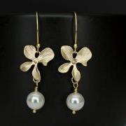 Gold Orchid and White Swarovski Pearl Earrings