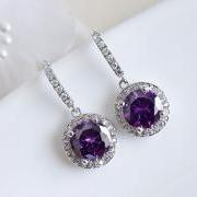 Purple Earrings, Cubic Zirconia Amethyst Earrings, Bridesmaids Earrings, Purple Round Drop Cubic Zirconia Earrings