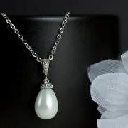 Bridal Necklace, Bridal Pearl Necklace, White Shell Based Tear Drop Pearl on Sterling Silver Chain, Wedding Jewelry