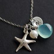 Silver Starfish Necklace, Personalized Initial Charm, Starfish Necklace, Aqua Blue Chalcedony,Freshwater Pearl and Initial Disc