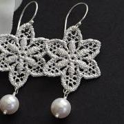 Romantic Lace Earrings...Rhodium Plated Lace Pendant, Sterling Silver Earwire and White Swarovski Pearls